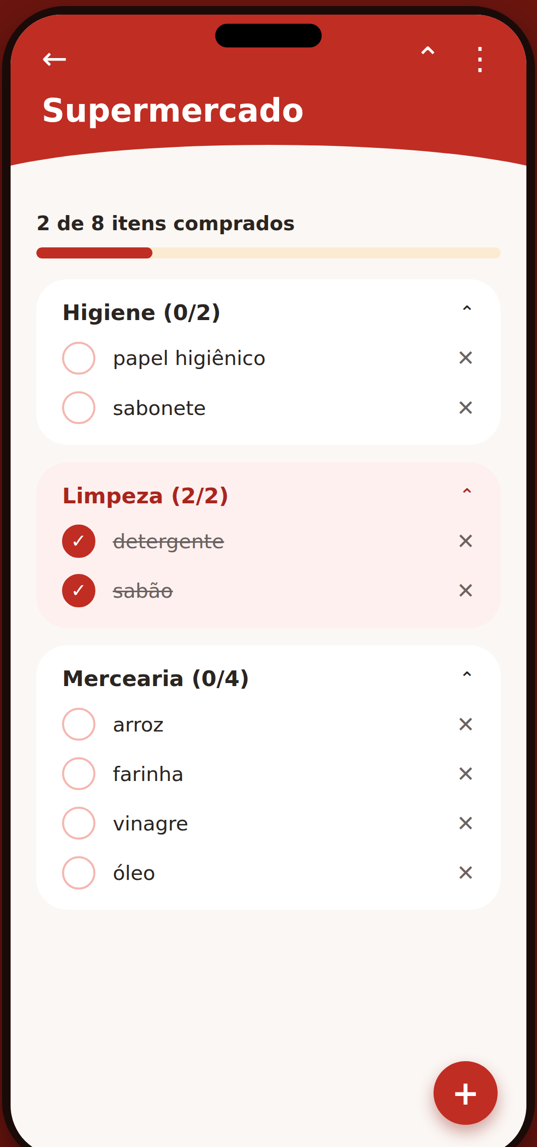 Lista Supermercado com categorias, progresso e itens marcados