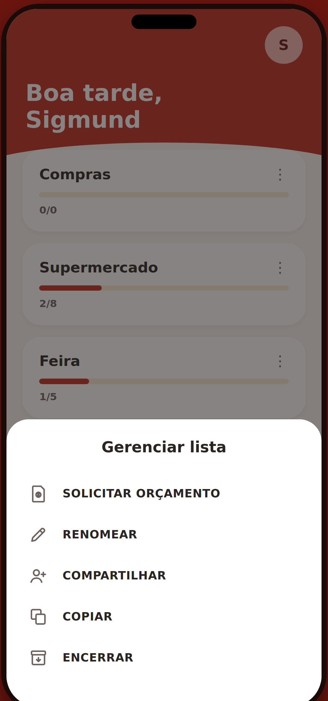 Menu Gerenciar lista com orçamento, renomear, compartilhar, copiar e encerrar