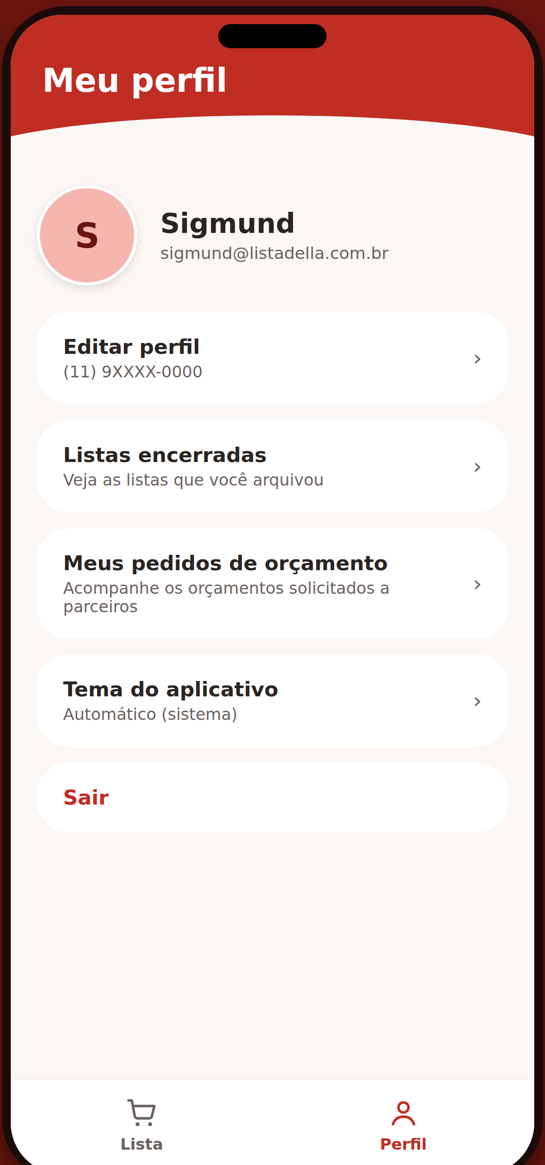 Tela Meu perfil com listas encerradas, orçamentos e tema do app
